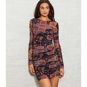 Lady Floral Dress Mesh Long Sleeve Midi See Through Lace Black‎ Floral Print S